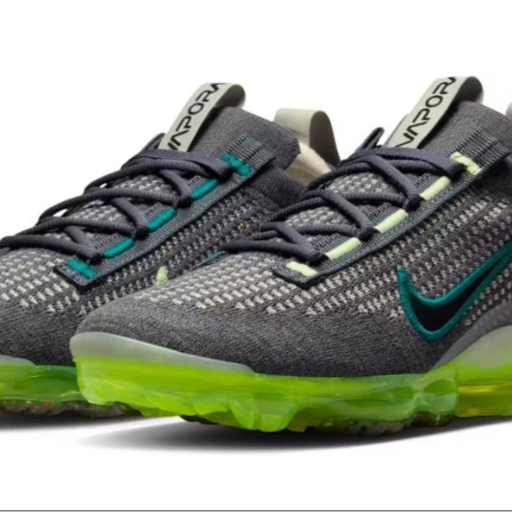 Nike VaporMax 2 Flyknit Kids Grey Sneakers with Neon Green & Teal Accents